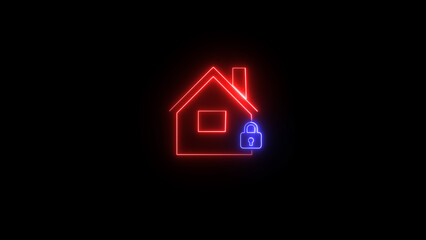 Poster - Neon illuminated house symbol with lock security concept depicting home safety and protection against unauthorized access on a black background