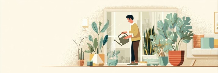 Leinwandbilder - Person Watering Houseplants by a Large Window in a Bright Indoor Setting With Lush Greenery and Natural Light