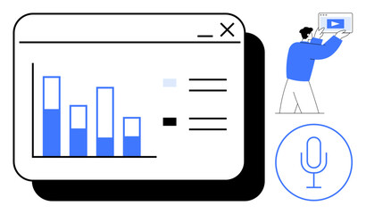 Poster - digital data dashboard with bar chart, settings, and voice support symbol. person holding video scre
