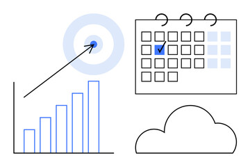 Poster - bar chart showing growth trend, target with arrow, calendar with marked date, cloud icon. ideal for 