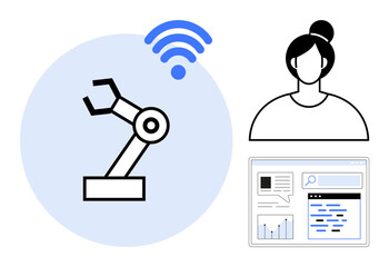 Poster - robotic arm with wireless signal, user avatar, and web dashboard with data charts. ideal for automat