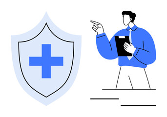 Poster - person holding a clipboard points toward a shield with a medical cross. ideal for healthcare, insura