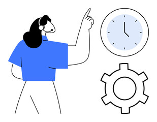 Poster - woman with headset pointing at a clock next to a gear. represents time management, productivity, rem