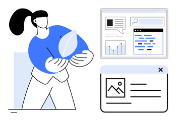 Poster - woman holding a leaf symbolizing sustainability, next to web analytics graphs and content sections. 