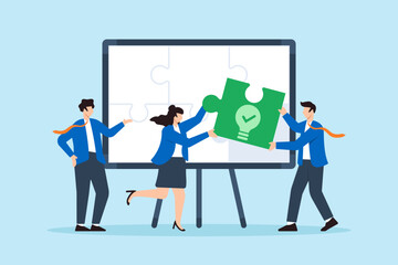 Poster - Flat illustration of employees fitting green lightbulb puzzle pieces into corporate ESG board for clean energy strategy
