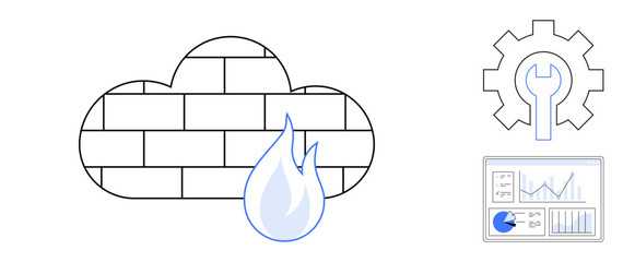 Poster - cloud firewall symbolized with brick design and flame, cogwheel with wrench for system configuration