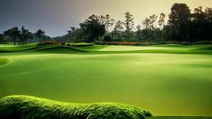 Lush green golf course landscape with undulating hills, manicured lawns, trees, flowers, and cloudy sky creating scenic view
