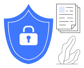 Poster - shield with central lock icon next to stacked legal documents and a simple plant sketch. ideal for c
