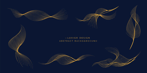 vector set of gold line wave shapes, curve flow, cloud illustrations isolated. leaves, swirl premium