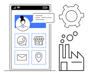 Poster - smartphone screen with profile, messaging, service icons, cogwheel, and factory. ideal for technolog