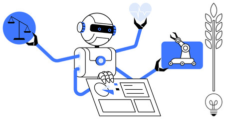 Poster - robot with multiple arms juggling a scale, heart, factory robot, data charts, wheat, and lightbulb. 