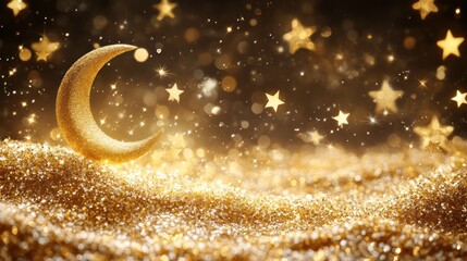 Wall Mural - Golden crescent moon on glittery sand, starry night