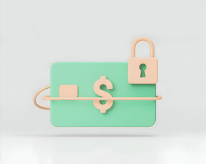 Fototapete - Secure Online Payment Concept 3D Render Pastel Colors Credit Card Dollar Sign Padlock