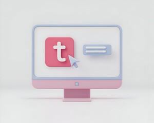 Fototapete - Pastel Pink Computer Screen Displaying a Stylized Letter T and Menu Icon 3D Render