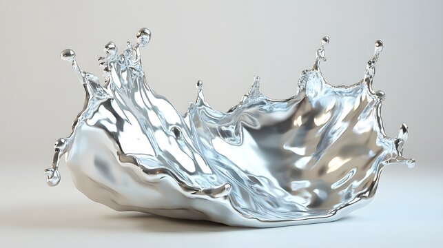 A metallic liquid splash against a neutral background.