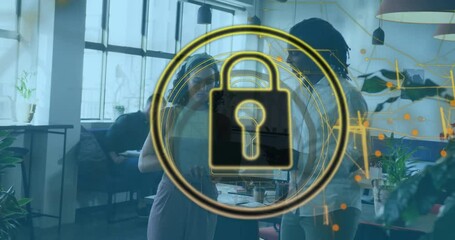 Poster - Woman colleague tapping laptop triggers padlock icon growing highlighting cybersecurity