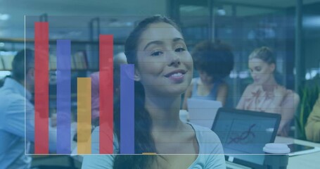 Poster - woman sitting at desk in open-plan office analyzing business data animating chart for insights
