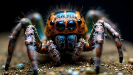 Macro close-up of colorful jumping spider with detailed eyes and hairy legs on natural surface


