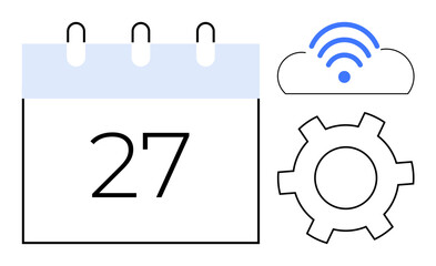 Poster - calendar displaying 27, cloud with wireless signal, and gear icon suggesting scheduling, connectivit