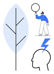 Poster - minimal tree symbolizing growth, man with magnifying glass for discovery, head silhouette with light