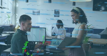 Poster - Woman analyzing bar charts in business office causing glitch forming candlestick line chart