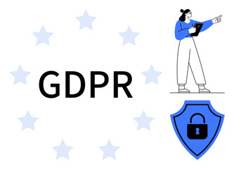 Poster - gdpr text surrounded by stars, woman pointing with a tablet, and a secure lock on a shield. ideal fo