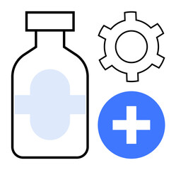 Poster - medicine container beside gear and cross icon symbolizing healthcare, innovation, technology, medica