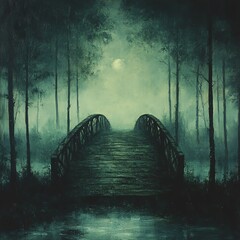 Poster - Oil painting, misty forest bridge fading into darkness, soft ambient light, tranquil and mysterious mood, detailed brush strokes with faded grain and slight texture distortion