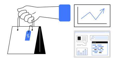Poster - hand with shopping bag featuring discount tag, graph with upward trend, and analytics dashboard inte