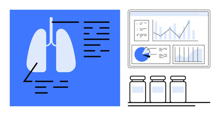 Poster - diagram of human lungs with labeled sections, analytics dashboard displaying charts and graphs, and 