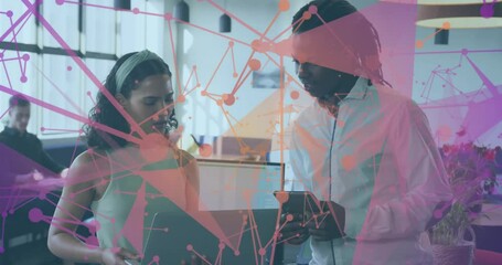 Poster - Colleagues opening laptop and tapping tablet, generating network overlay examining business data