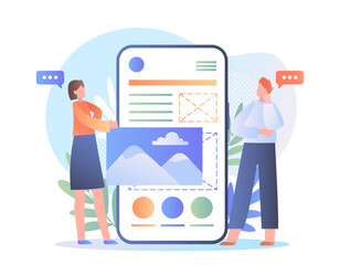 Poster - Mobile app development. Man and woman develop mobile application for smartphone. Frontend developers develop UI and UX design for website. Team of graphic designers. Flat vector illustration