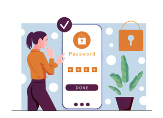 Poster - Woman enters password. Young girl near smartphone. Personal data protection, verification and authorization. Safety and security on internet. Flat vector illustration