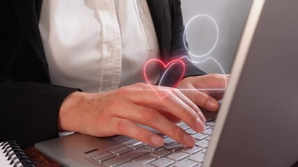 Poster - Woman working on computer, with virtual avatar icon of person with heart