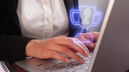 Poster - Woman working on computer, with virtual icon of second place trophy