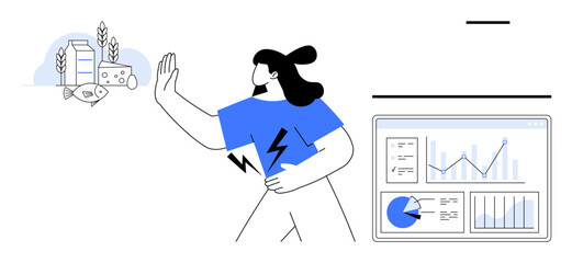 Poster - woman gestures to deny food items thumbs up cheese and wheat, focusing on digital graphs showcasing 