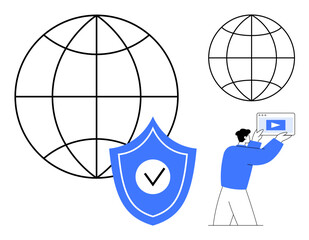 Poster - globe symbolizing worldwide connection, shield with checkmark for security, person holding digital m