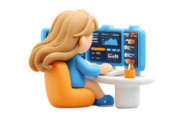 3d cartoon character working with data on computer, analyzing digital information