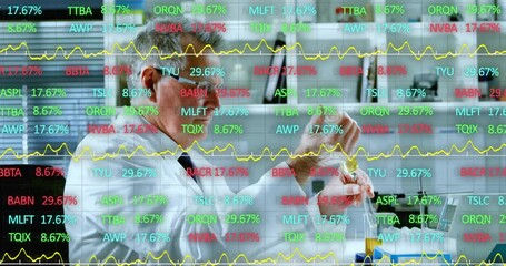 Poster - Scientist adjusting glasses and grabbing flask in lab for analysis with finance tickers and graphs