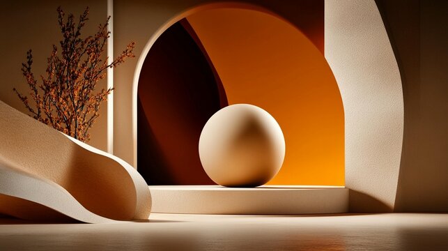 Beige and orange architectural scene with a single egg, and a small plant