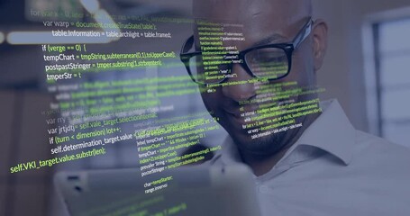 Aufkleber - Man raising tablet to eye level and reviewing scrolling code overlay in modern technology office