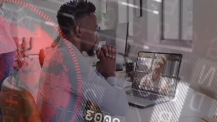 Poster - Office pro leaning into laptop while host presenting business data, receiving file, overlays rising