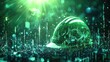 © Veayo - 3D green themed, ant view, epic view, Large hard hat as the central hero under glowing stock charts, Digital in background, dramatic light rays, celebrating Labor Day in a tech-powered world
