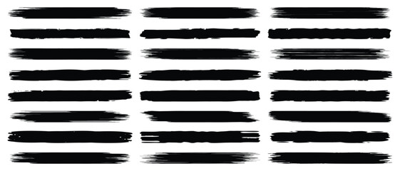 Poster - Brush strokes, black ink lines, vector abstract set with paint brush grunge texture on white background. Paintbrush strokes.