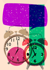Poster - Risograph Alarm Clock with speech bubble with geometric shapes. Objects in trendy riso graph print texture style design with geometry elements.