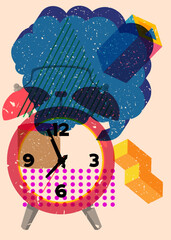 Poster - Risograph Alarm Clock with speech bubble with geometric shapes. Objects in trendy riso graph print texture style design with geometry elements.