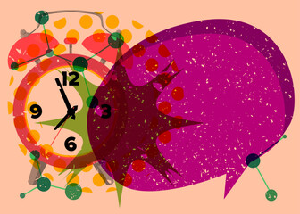 Poster - Risograph Alarm Clock with speech bubble with geometric shapes. Objects in trendy riso graph print texture style design with geometry elements.