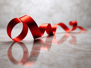 Poster - A shiny red ribbon gracefully curling on a reflective surface creating a festive and elegant presentation