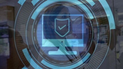 Poster - Laboratory team ending data discussion and activating swirling cybersecurity HUD over glass panel