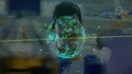 Aufkleber - Lab scientist holding petri dish triggers 3D globe pulsing while depositing droplet for analysis
